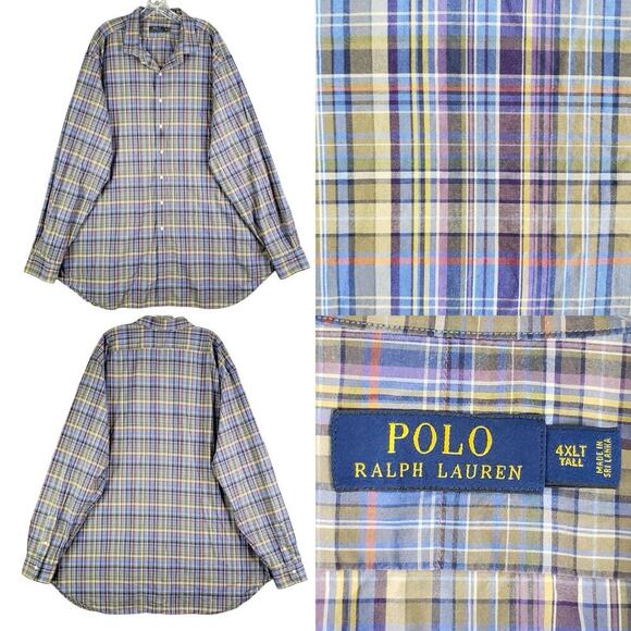 Polo Ralph Lauren Shirt Oxford Button Down Mens Size 4XLT Long Sleeve Blue Plaid - Picture 1 of 10